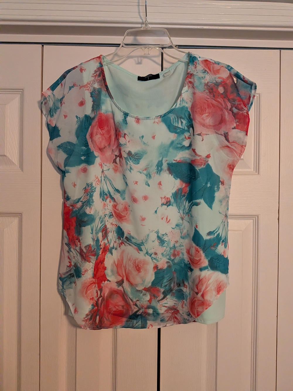 Tahari Mint and Coral Floral Sheer Blouse